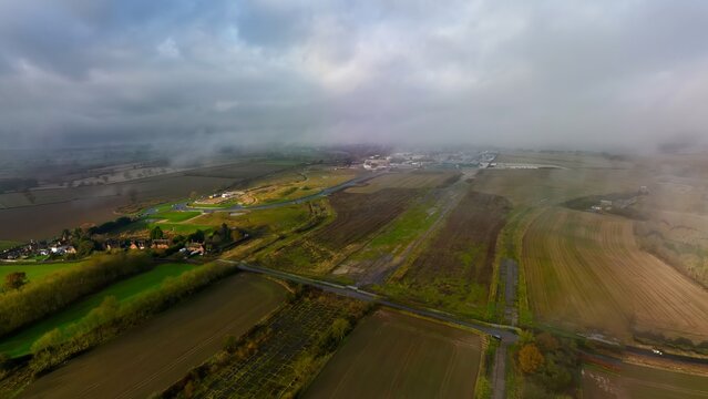 An aerial view of the former airfield RAF Ashbourne in Derbyshire, UK