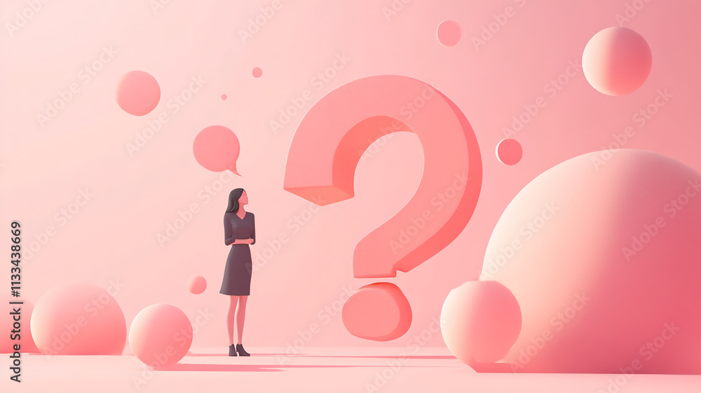 Poster Woman contemplating a large question mark in a soft pink environment with abstract shapes