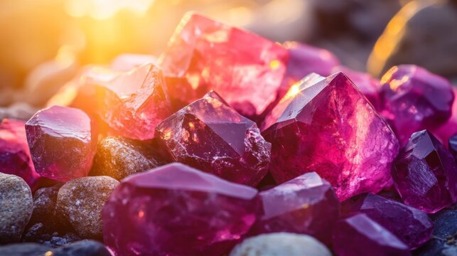 A stunning array of pink gemstones is displayed on a bed of smooth rocks, illuminated by warm sunlight during the late afternoon. The vibrant colors of the gems create a striking contrast. - Powered by Adobe
