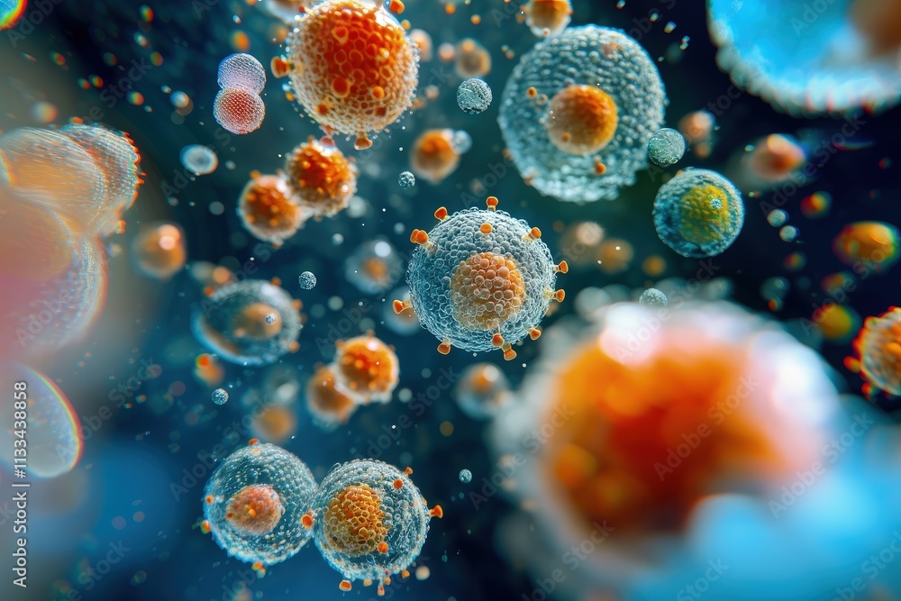 Poster microscopic view of colorful virus cells floating in liquid.