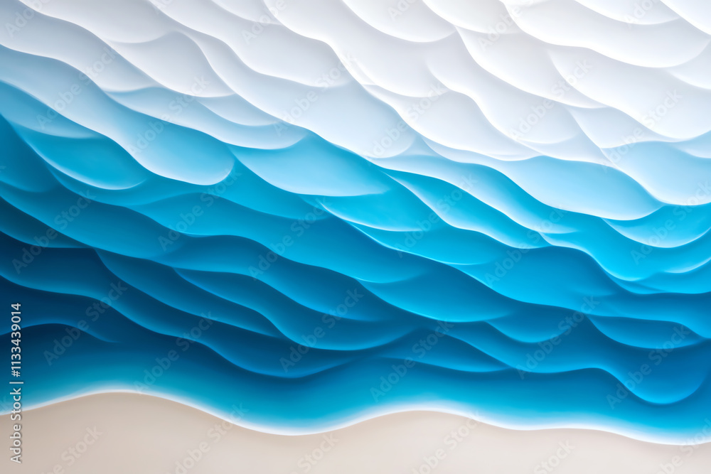 Poster abstract design featuring layered waves in shades of blue and white, creating depth.