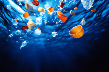 Colorful plastic debris floating in deep blue ocean waters, highlighting pollution impact.