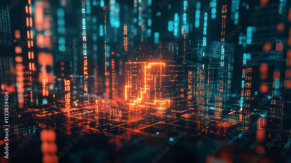 Aufkleber a pixelated cryptocurrency logo emerging from a grid of 0s and 1s.