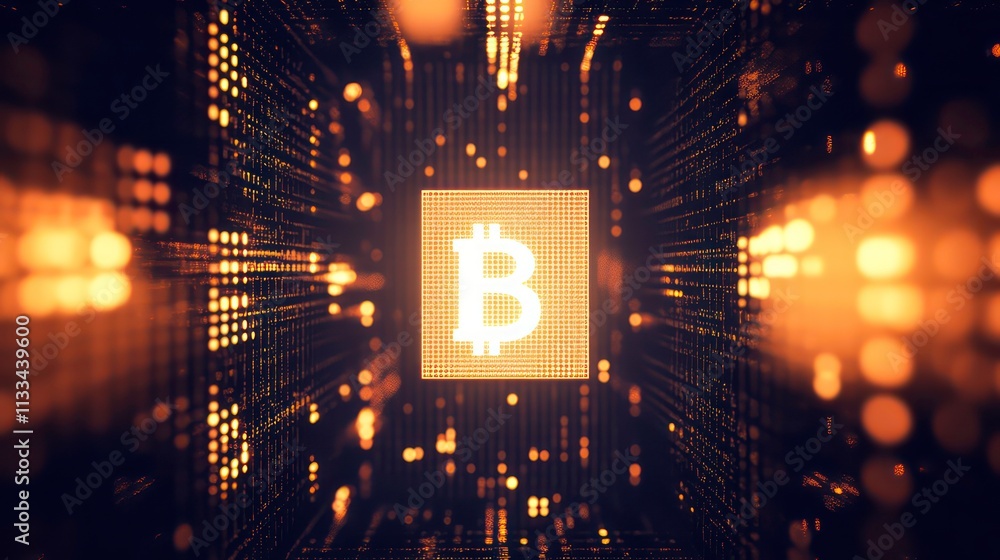 Poster glowing bitcoin symbol in a digital tunnel.