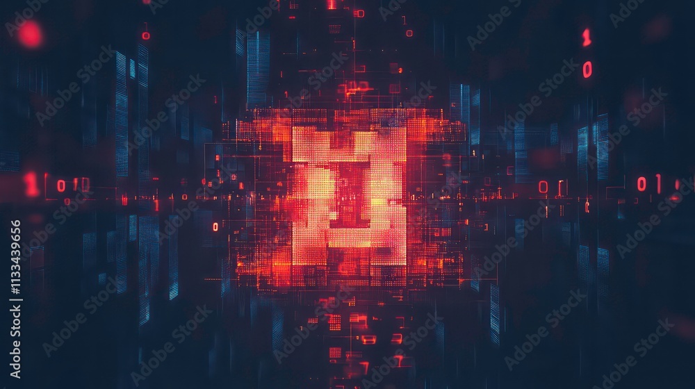 Aufkleber a pixelated cryptocurrency logo emerging from a grid of 0s and 1s.