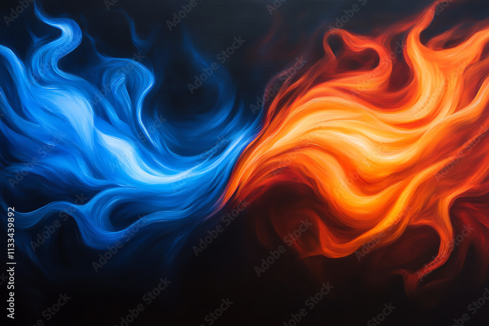 Poster dynamic flames in blue and orange swirl together, creating an abstract and colorful design.