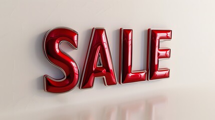 Glossy red "SALE" text on a white background with reflections. Shopping promotion design concept for banners, posters, advertisements, or marketing materials

