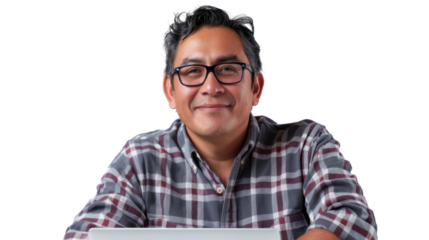 Mexican middle age male Employee IT specialist sit at work with laptop on white background


