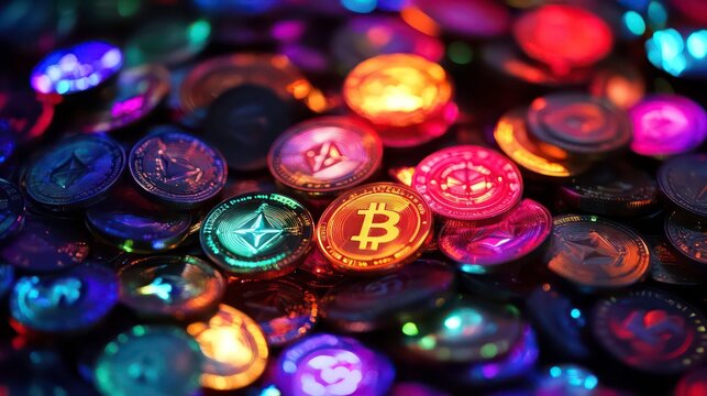 A pile of various cryptocurrency tokens, each one glowing softly with different colors.