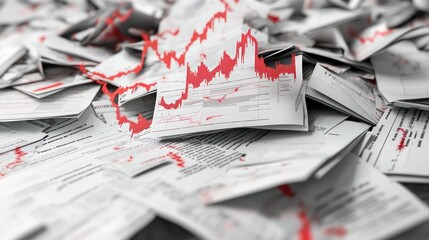 A pile of crumpled financial reports and stock charts marked with red, symbolizing a crash.