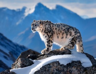 Fototapeta premium Snow leopard perched on a rocky ledge, surrounded by a snowy mountain range, blending perfectly with the frost