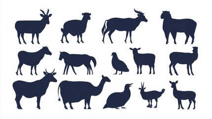 Collection of animals in black and white. There are cows, sheep, deer, and birds