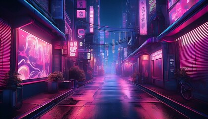 a realistic pc desktop wallpaper of a futuristic cyberpunk japanese tokyo city narrow street road at night pink and purple neon lights on bar boards screens