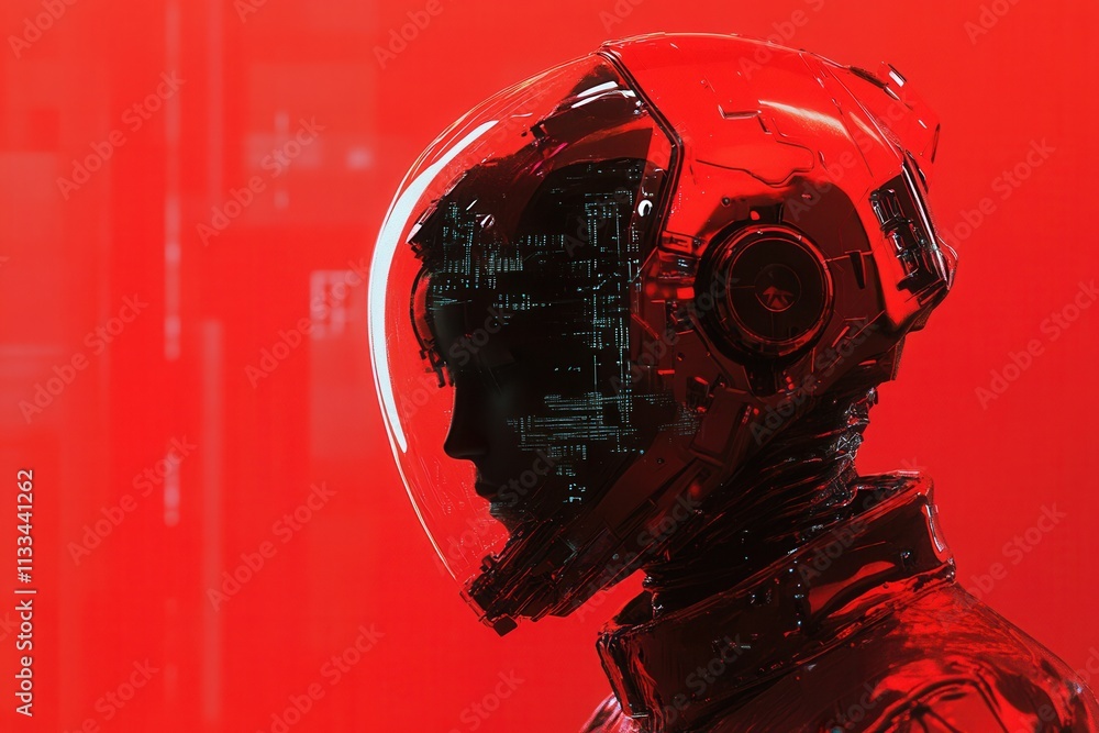 Poster red robot with transparent glass helmet showing internal circuitry