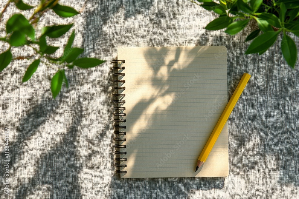 Poster soft sunlight streams through a window onto a desk with a notebook and plant in a cozy workspace