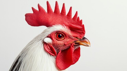 Rooster with a red beak and white feathers. The rooster has a red eye