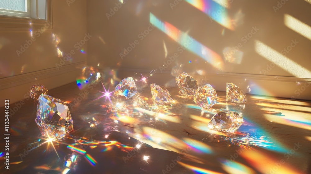 Poster sunlight pours through a window, illuminating various gemstone fragments scattered on the floor. the
