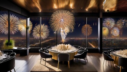 high angle view of a contemporary party with a sophisticated black and gold theme featuring elegant decorations a lively dance floor and fireworks visible through expansive windows