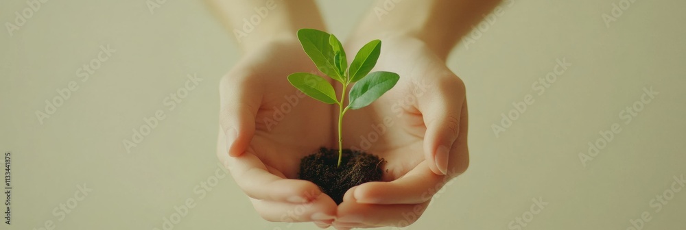 Poster hands support a tiny seedling with vibrant green leaves, showcasing care and the beginning of life i