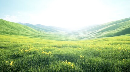 Obraz premium A tranquil valley with soft green grass, patches of yellow flowers, and a gentle breeze under a bright, clear sky.