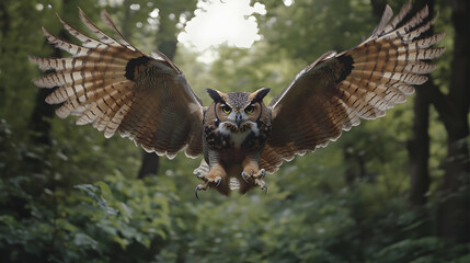 Fototapeta premium Majestic great horned owl in flight swoops towards camera with outstretched wings, feathers ruffled, sharp talons extended.illustration
