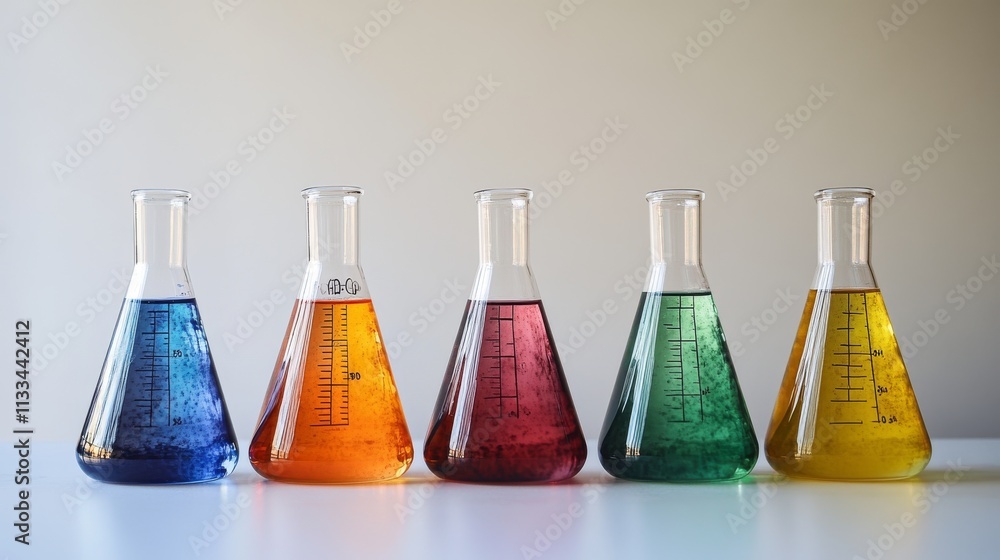Poster row of multicolored laboratory flasks in a minimalist space