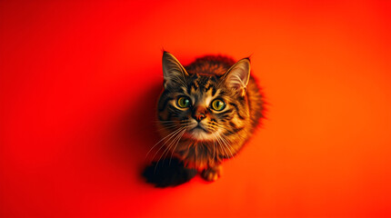 High-resolution stock photo overhead view of a crazy cat on a solid color background. Warm creative lighting, reds, oranges, yellows, artistic lighting, abstract