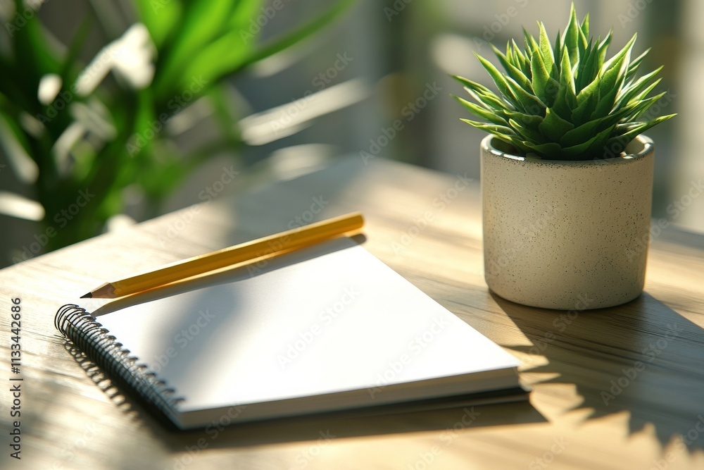 Poster soft sunlight streams through a window onto a desk with a notebook and plant in a cozy workspace