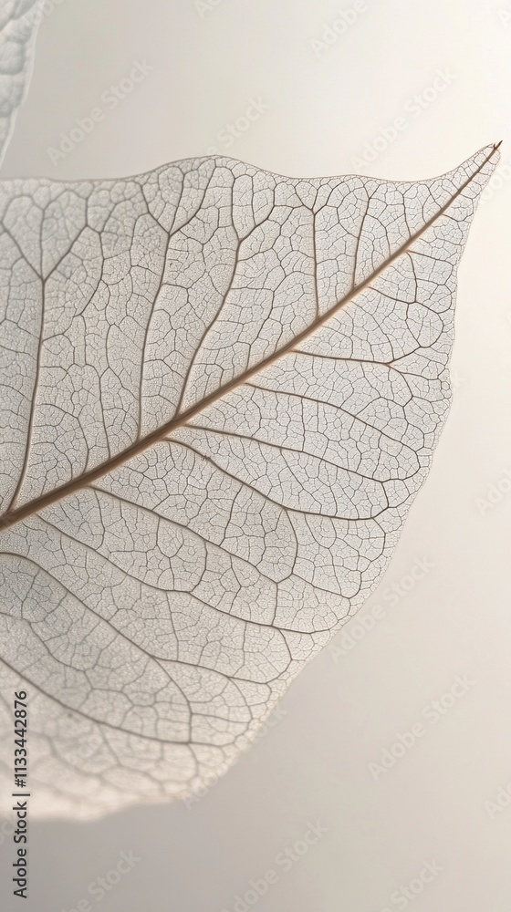 Aufkleber Delicate veins of an exotic leaf display their intricate patterns under soft light, showcasing the beauty of nature's design. This close-up captures botanical wonder in exquisite detail