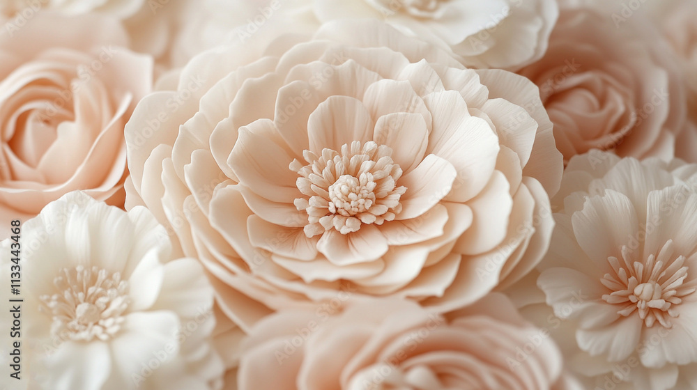 Poster softly layered blooms create a serene composition, with petals in muted shades of blush and cream, c