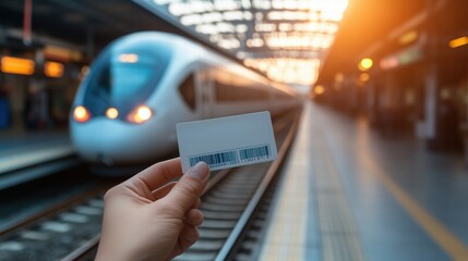 Hand holding a blank train ticket with barcode at a modern station during sunset. transportation
