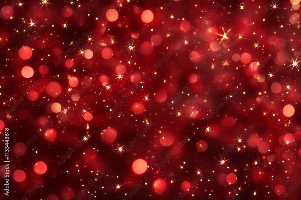 Poster a beautiful red background filled with sparkling lights and bokeh effects.