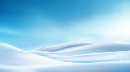 A serene winter landscape with soft snow-covered hills under a blue sky.