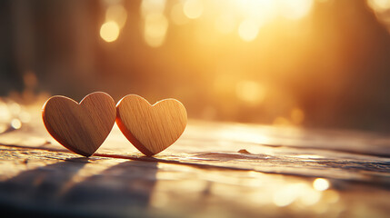 Fototapeta premium Two wooden hearts shine in golden sunlight, symbolizing love and affection.