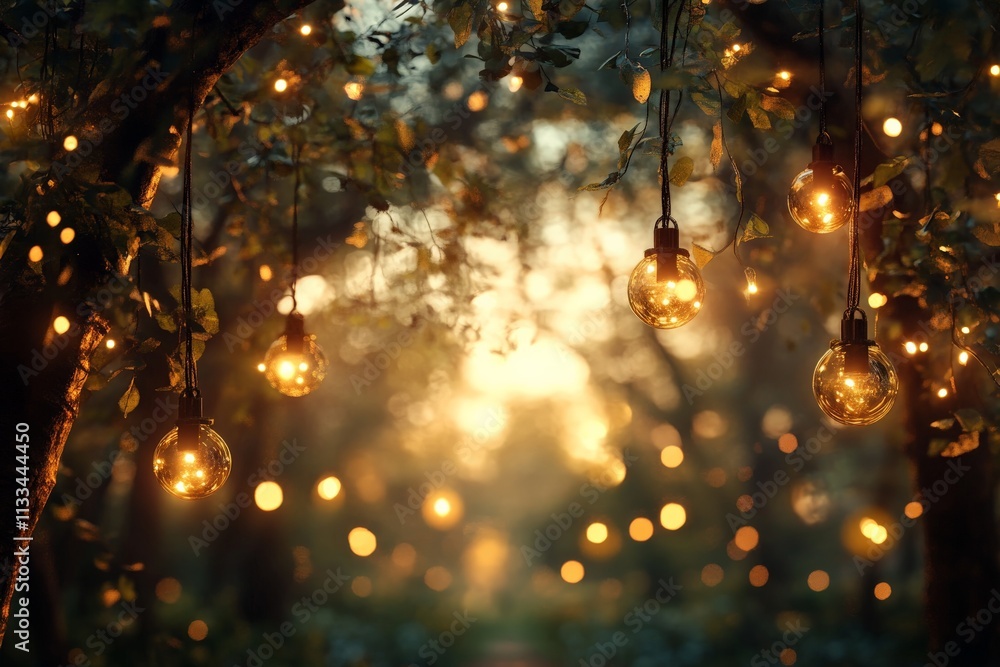 Aufkleber magical evening glow from string lights among trees in a serene forest setting during sunset
