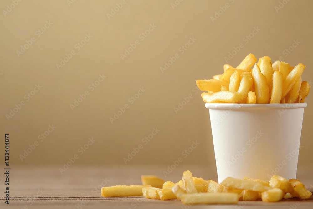 Poster golden fries are served in a cup, with some scattered nearby, creating an inviting snack display on 