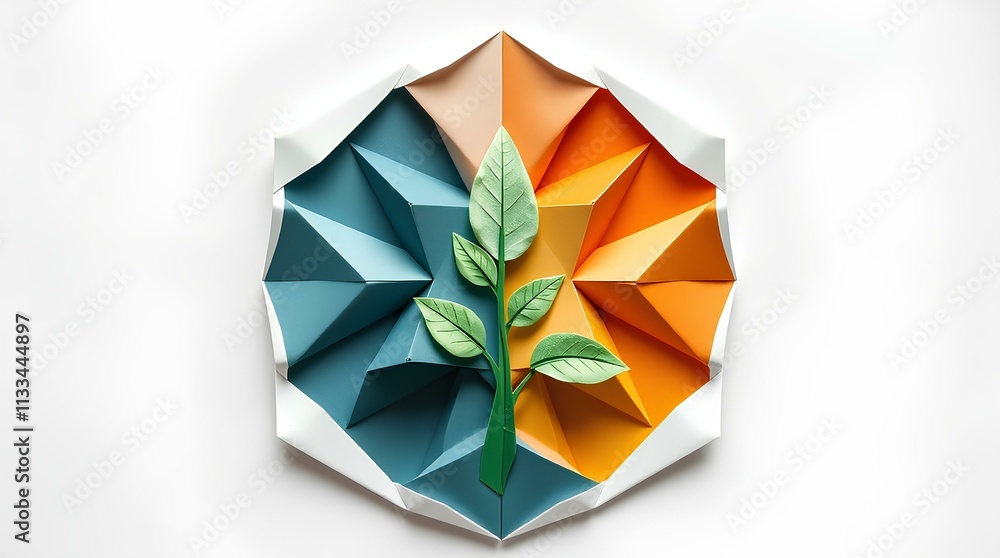 Poster 3d geometric design of leaves within a multicolored frame