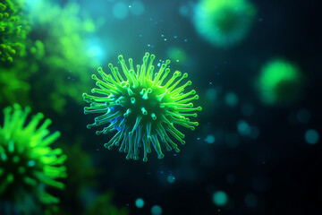 Fototapeta premium Detailed close-up image of a green virus in a microscopic view.