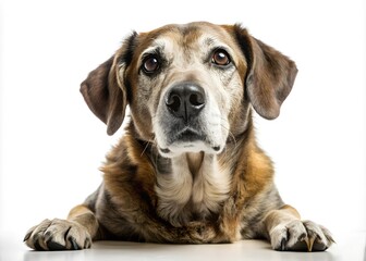brown gray dog looking at camera paws on surface, playful loyal friendly lovable