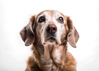 brown dog looking up at camera, body paws tail legs