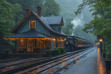 An old-fashioned train station with steam trains and nostalgic architecture