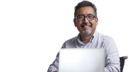 Mexican middle age male Employee IT specialist sit at work with laptop on white background


