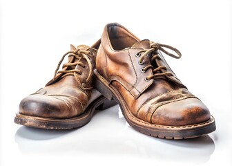 old shoes on white background, walking feet protection comfort