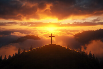 Obraz premium A stunning sunset behind a cross on a hill, surrounded by misty mountains and clouds.