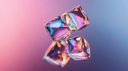 Three iridescent glass cubes levitate against a blurred pink and blue background.