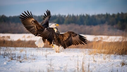 Obraz premium Two eagles fighting mid-air over a snowy field, wings spread wide, showcasing their power