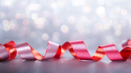 Elegant red ribbons, perfect for celebrations and decorations, shimmer against a blurred background.