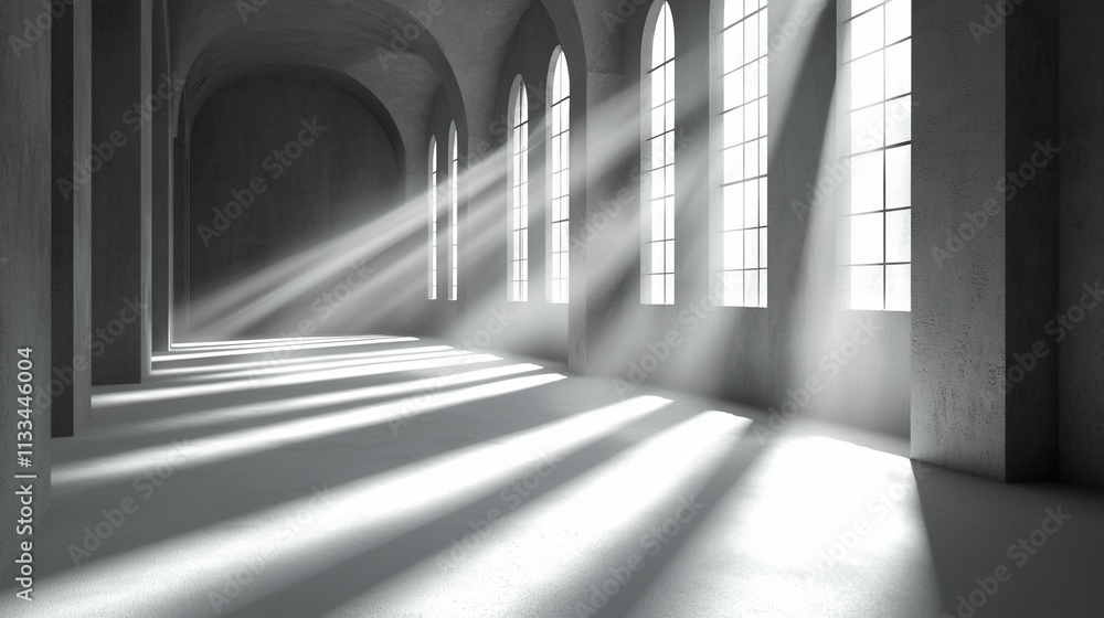 Poster sunbeams illuminate a long, empty hallway with arched ceilings and gothic windows.