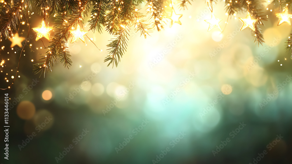 Poster sparkling lights and stars create a magical festive atmosphere in soft focus.