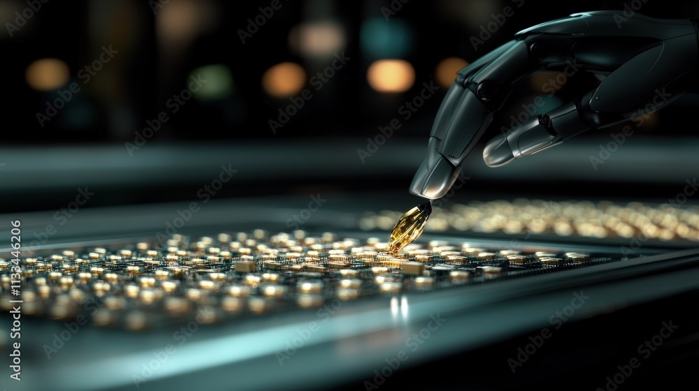 Aufkleber robotic hand placing golden capsule in array.